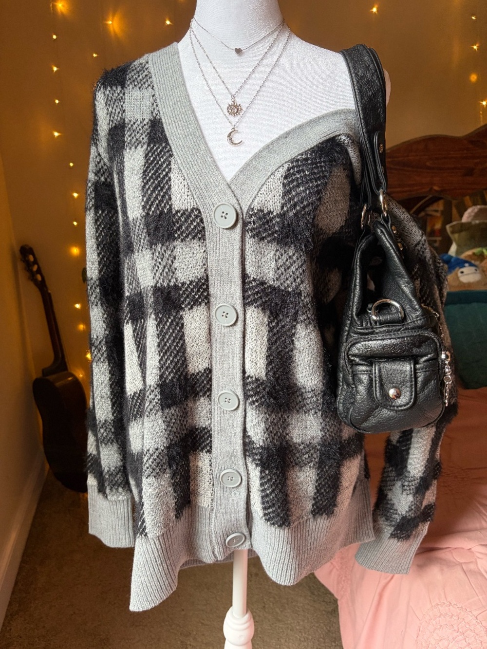 Oversized gray and black fuzzy cardigan